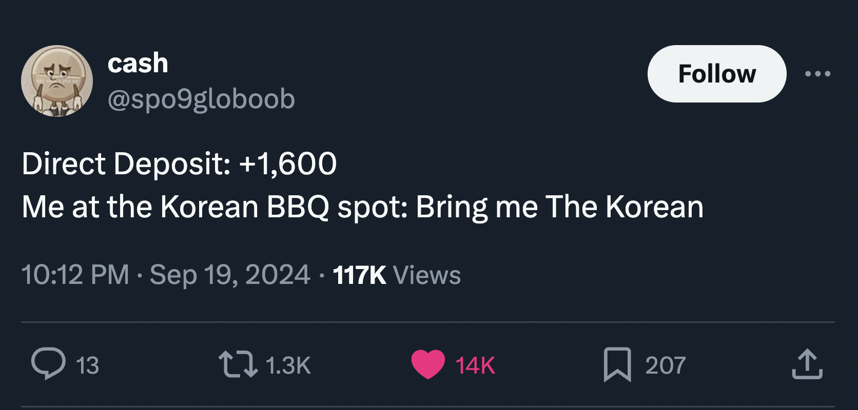 screenshot - cash Direct Deposit 1,600 Me at the Korean Bbq spot Bring me The Korean Views 13 14K 207